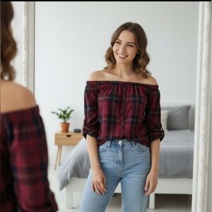 Burgundy Plaid Off-Shoulder Blouse